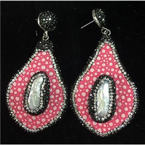 freshwater Pearl earring with pink PU leater pave rhinestone, approx 28-45mm