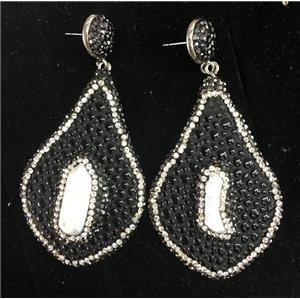 freshwater Pearl earring with black PU leater pave rhinestone, approx 28-45mm