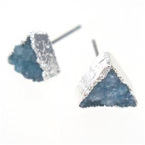 blue druzy quartz earring studs, triangle, silver plated, approx 10mm