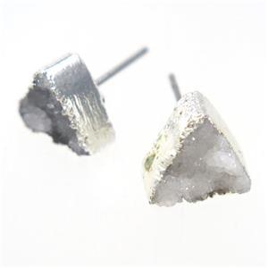white druzy quartz earring studs, triangle, silver plated, approx 10mm