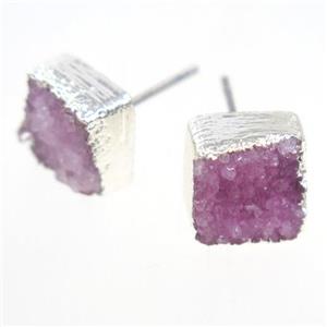 pink druzy quartz earring studs, square, silver plated, approx 10mm