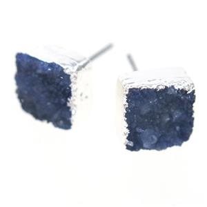 blue druzy quartz earring studs, square, silver plated, approx 10mm