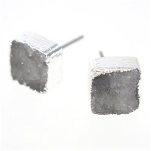 white druzy quartz earring studs, square, silver plated, approx 10mm