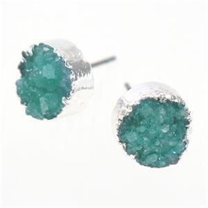 green druzy quartz earring studs, circle, silver plated, approx 10mm