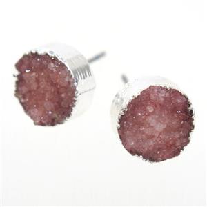red druzy quartz earring studs, circle, silver plated, approx 10mm