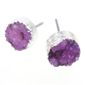 hotpink druzy quartz earring studs, circle, silver plated, approx 10mm