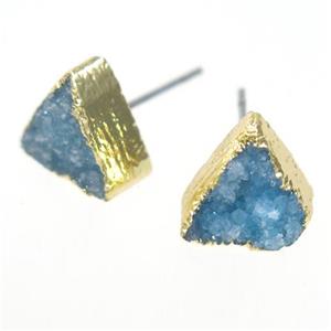 blue druzy quartz earring studs, triangle, gold plated, approx 10mm