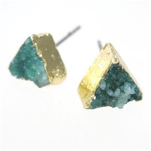 green druzy quartz earring studs, triangle, gold plated, approx 10mm