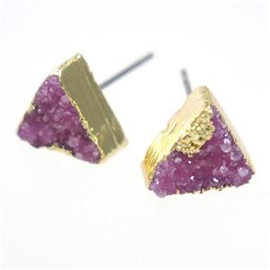 pink druzy quartz earring studs, triangle, gold plated, approx 10mm