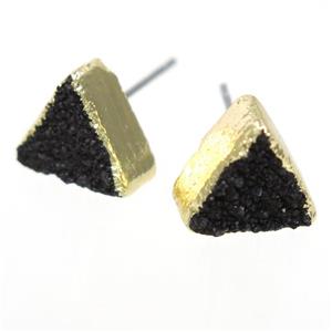 black druzy quartz earring studs, triangle, gold plated, approx 10mm