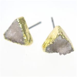 white druzy quartz earring studs, triangle, gold plated, approx 10mm