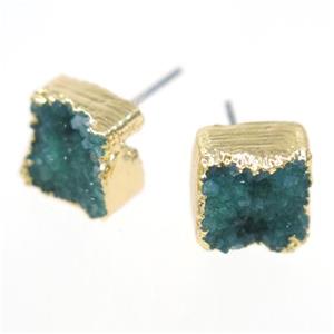 green druzy quartz earring studs, square, gold plated, approx 10mm