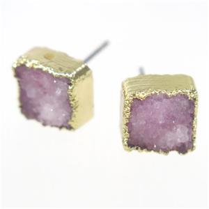 pink druzy quartz earring studs, square, gold plated, approx 10mm