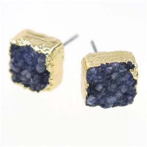 blue druzy quartz earring studs, square, gold plated, approx 10mm
