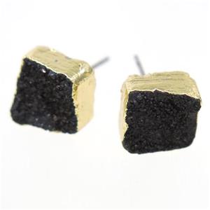 black druzy quartz earring studs, square, gold plated, approx 10mm