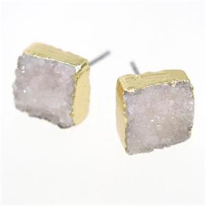 white druzy quartz earring studs, square, gold plated, approx 10mm