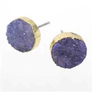 purple druzy quartz earring studs, circle, gold plated, approx 10mm