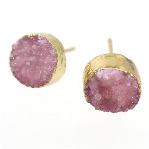 pink druzy quartz earring studs, circle, gold plated, approx 10mm