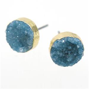 blue druzy quartz earring studs, circle, gold plated, approx 10mm