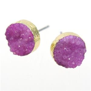 hotpink druzy quartz earring studs, circle, gold plated, approx 10mm