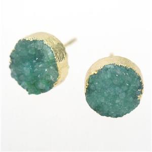 green druzy quartz earring studs, circle, gold plated, approx 10mm