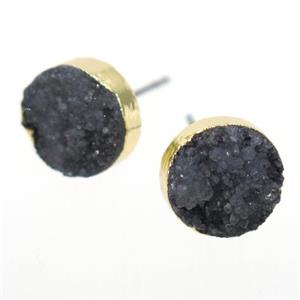 black druzy quartz earring studs, circle, gold plated, approx 10mm