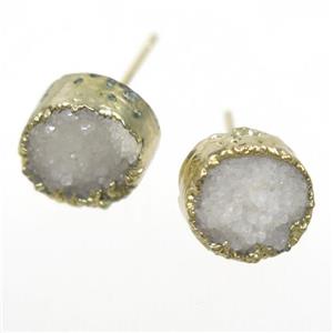 white Druzy quartz earring studs, circle, gold plated, approx 10mm