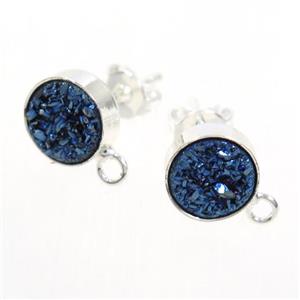 blue druzy quartz earring studs, silver plated, approx 10mm dia