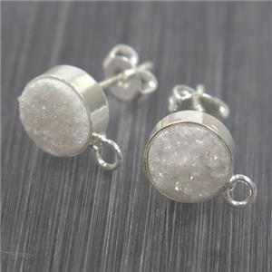 white druzy quartz earring studs, silver plated, approx 10mm dia