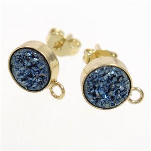 blue druzy quartz earring studs, gold plated, approx 10mm dia