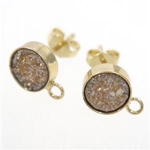 gold champagne druzy quartz earring studs, gold plated, approx 10mm dia