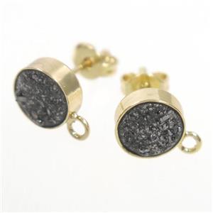 silver druzy quartz earring studs, gold plated, approx 10mm dia