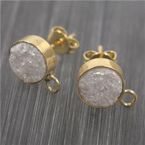 white druzy quartz earring studs with loops, gold plated, approx 10mm dia