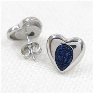blue druzy quartz earring studs, heart, platinum plated, approx 13mm