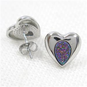 rainbow druzy quartz earring studs, heart, platinum plated, approx 13mm