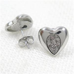 silver druzy quartz earring studs, heart platinum plated, approx 13mm