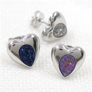 mix color druzy quartz earring studs, heart platinum plated, approx 13mm