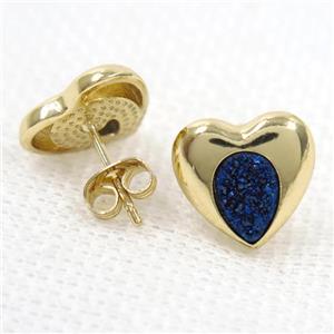 blue druzy quartz earring studs, heart, gold plated, approx 13mm