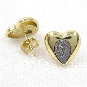 silver druzy quartz earring studs, heart, gold plated, approx 13mm