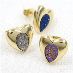 mix color druzy quartz earring studs, heart, gold plated, approx 13mm