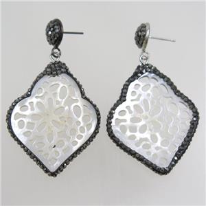 pearlized shell earring paved rhinestone, approx 30-40mm