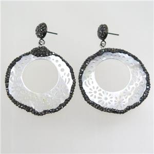 pearlized shell earring paved rhinestone, approx 40mm dia