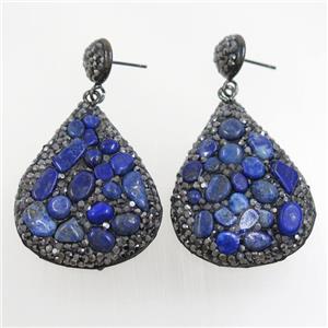 blue Lapis Lazuli earring paved rhinestone, teardrop, approx 30-35mm