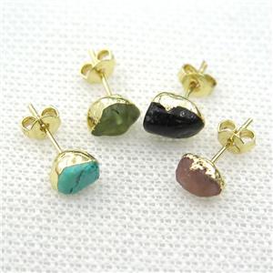 mix GemStone Stud Earrings, gold plated, approx 6-9mm