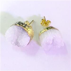 white solar quartz druzy earring studs, gold plated, approx 12-14mm dia