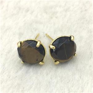 Tiger eye stone Stud Earring, gold plated, approx 11mm dia