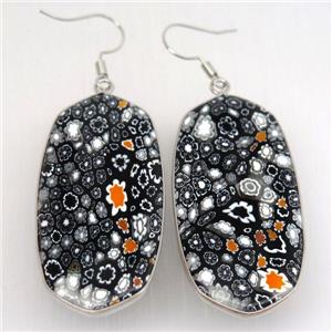 black Milefiori Glass oval Hook Earring, platinum plated, approx 22-45mm