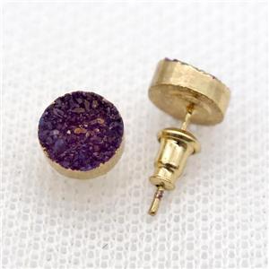 purple druzy agate earring studs, gold plated, approx 8mm dia