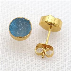 blue druzy agate earring studs, gold plated, approx 8mm dia