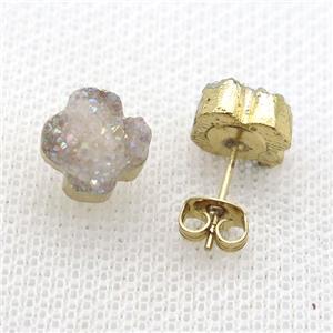 white druzy agate earring studs, gold plated, approx 10mm